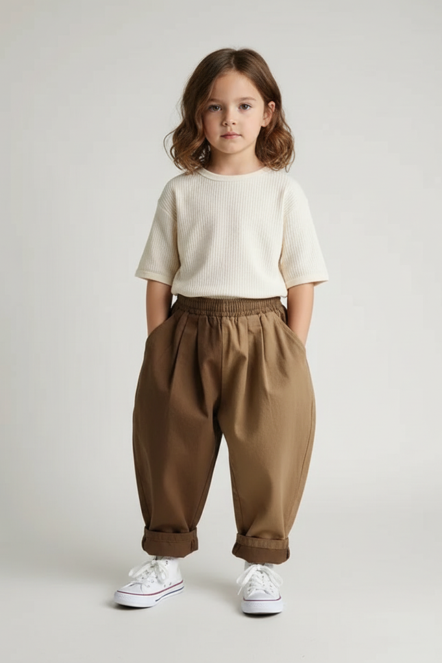 Pantalon Beige Ample Coton Lin Enfants Décontracté - Marron Toile