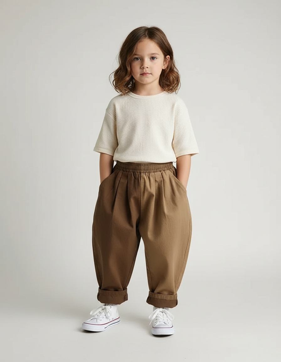 Pantalon Beige Ample Coton Lin Enfants Décontracté - Marron Toile