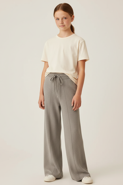 Pantalon Beige Tricoté Ample Confortable Fille - Gris Maille