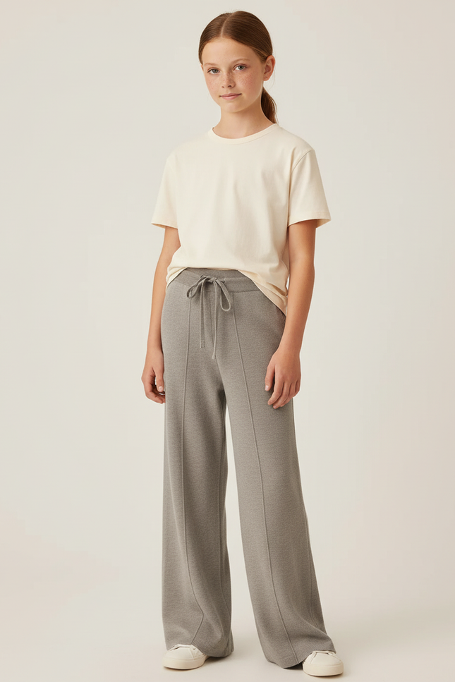 Pantalon Beige Tricoté Ample Confortable Fille - Gris Maille