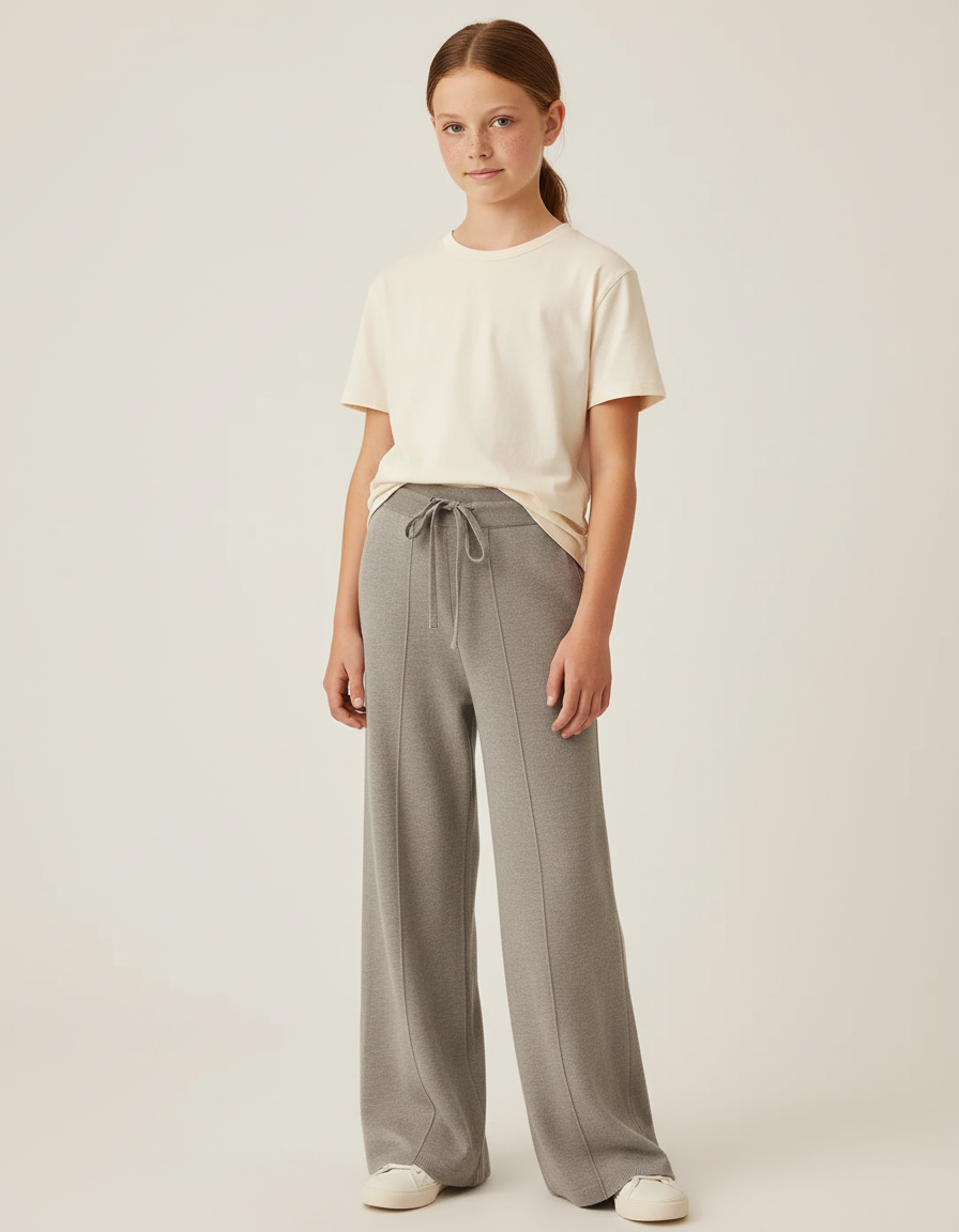 Pantalon Beige Tricoté Ample Confortable Fille - Gris Maille