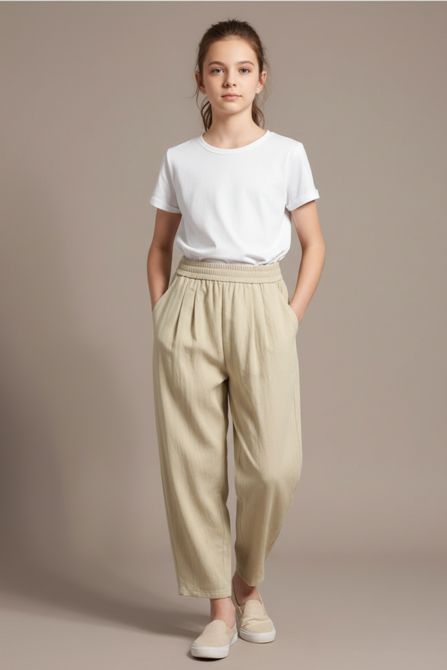 Pantalon Beige Lin Ample Décontracté Fille
