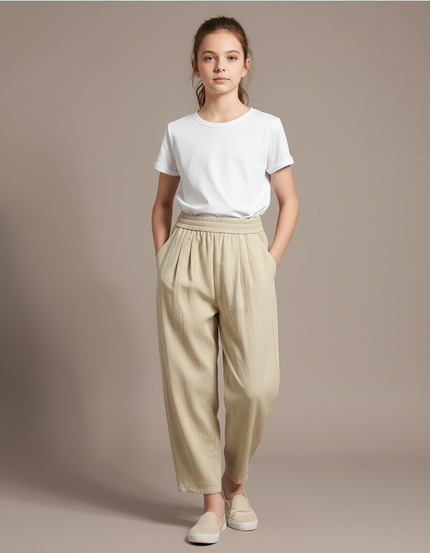 Pantalon Beige Lin Ample Décontracté Fille