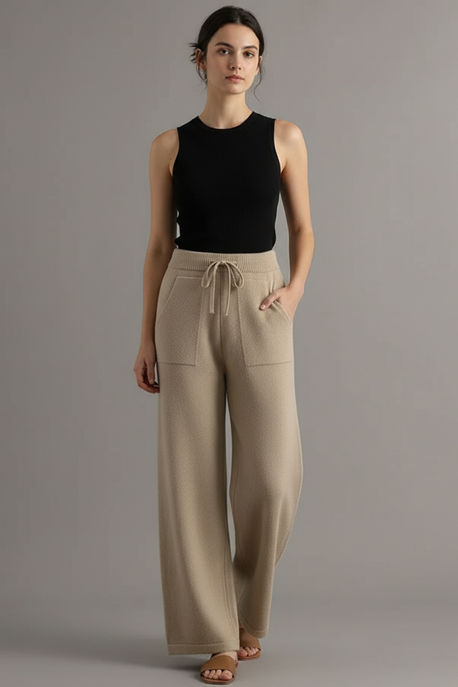 Pantalon Beige Tricoté Ample Doux Confortable - Maille