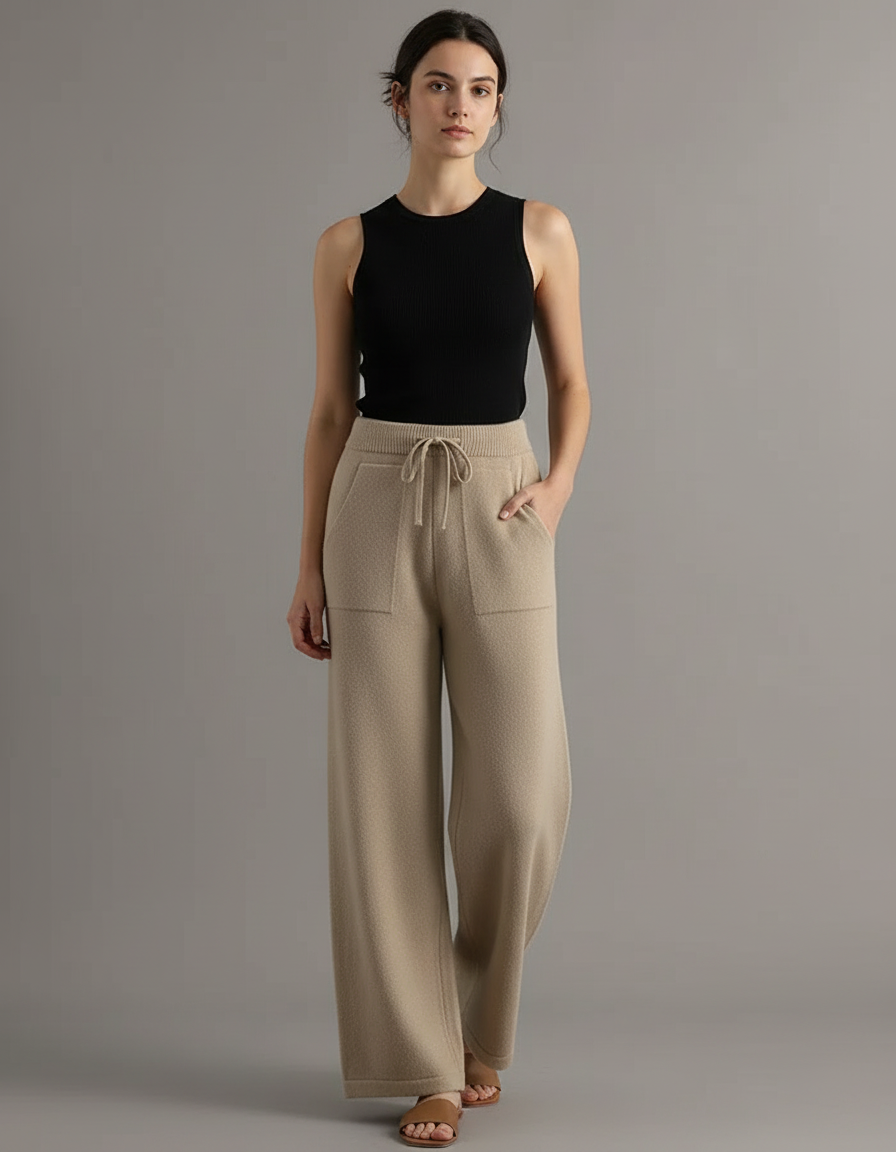 Pantalon Beige Tricoté Ample Doux Confortable - Maille