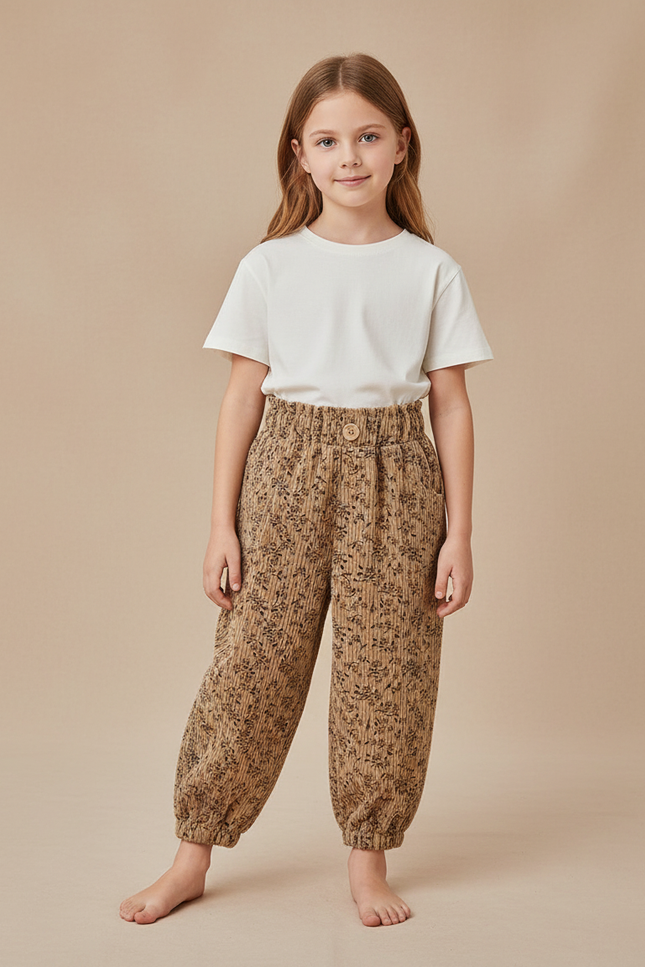 Pantalon Beige Côtelé Floral Ample Enfant - Cordé
