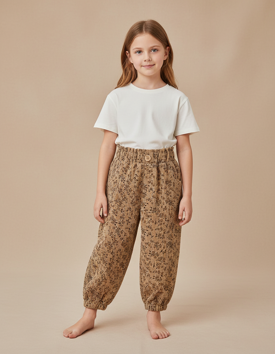 Pantalon Beige Côtelé Floral Ample Enfant - Cordé