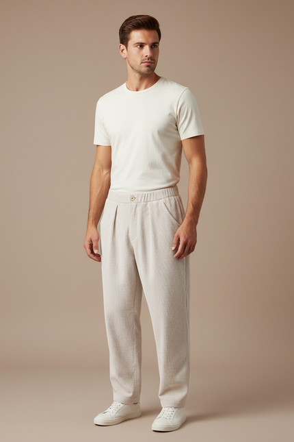 Pantalon Beige Côtelé Homme Ample Décontracté Plissé - Cordé