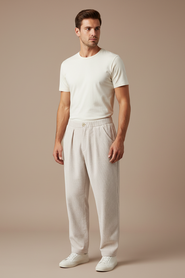 Pantalon Beige Côtelé Homme Ample Décontracté Plissé - Cordé