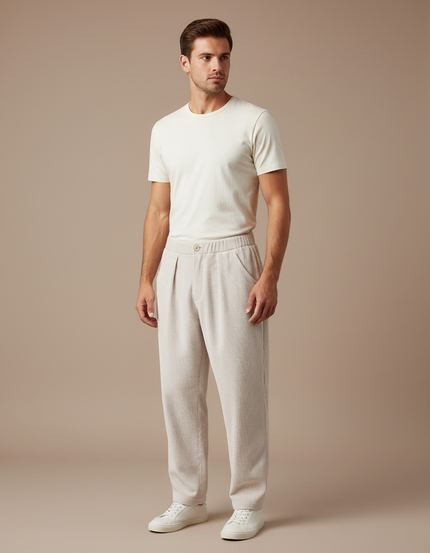 Pantalon Beige Côtelé Homme Ample Décontracté Plissé - Cordé