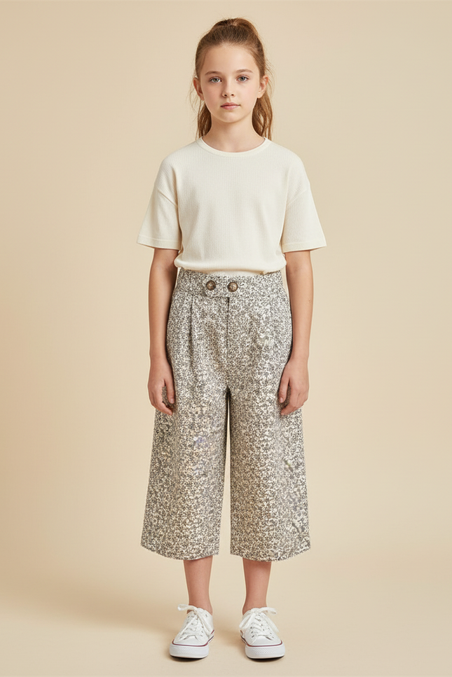 Pantalon Beige Fleuri Ample Décontracté Enfant Fille - Toile
