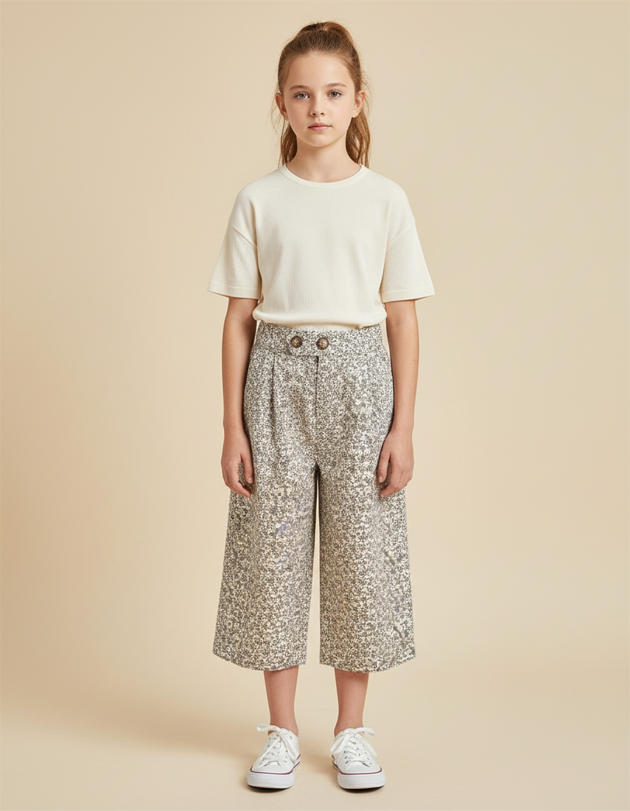 Pantalon Beige Fleuri Ample Décontracté Enfant Fille - Toile