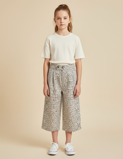 Pantalon Beige Fleuri Ample Décontracté Enfant Fille - Toile