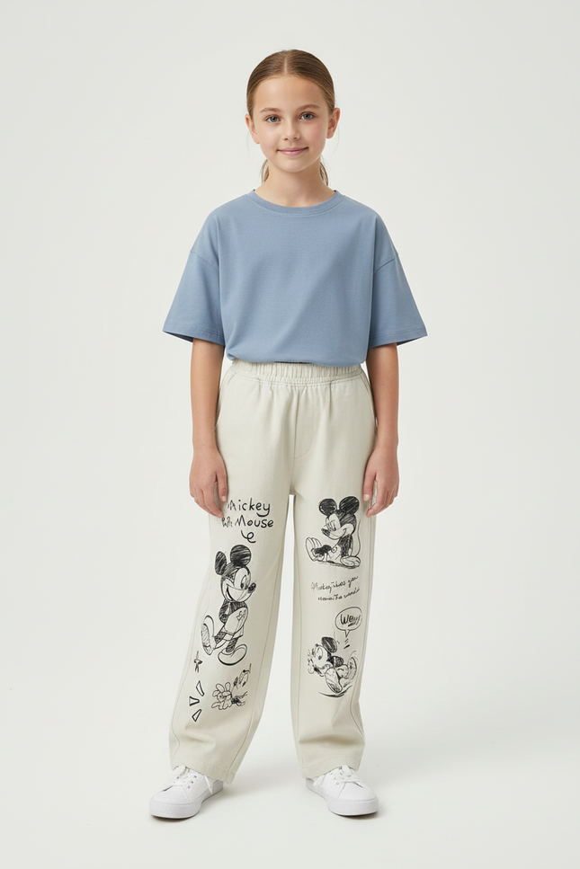 Pantalon Beige Ample Coton Mickey Décontracté Enfant - Molleton
