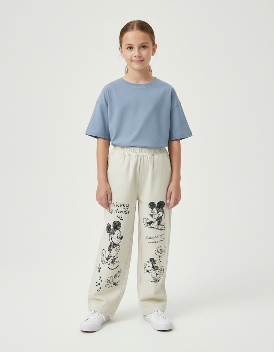 Pantalon Beige Ample Coton Mickey Décontracté Enfant - Molleton