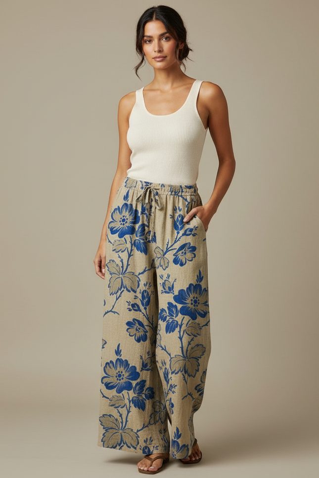 Pantalon Beige Fluide Ample Fleuri Décontracté - Lin