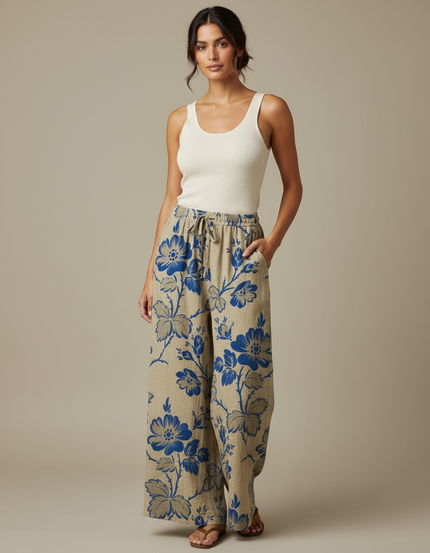 Pantalon Beige Fluide Ample Fleuri Décontracté - Lin