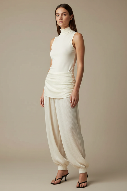 Pantalon Beige Plissé Harem Ample Fluide Casual - Polyester