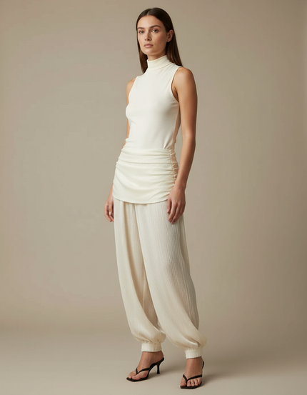 Pantalon Beige Plissé Harem Ample Fluide Casual - Polyester