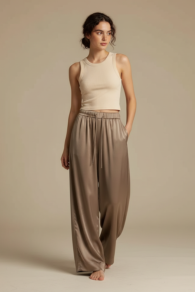 Pantalon Beige Satiné Ample Fluide Décontracté Femme - Marron