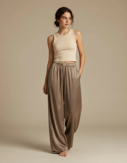 Pantalon Beige Satiné Ample Fluide Décontracté Femme - Marron