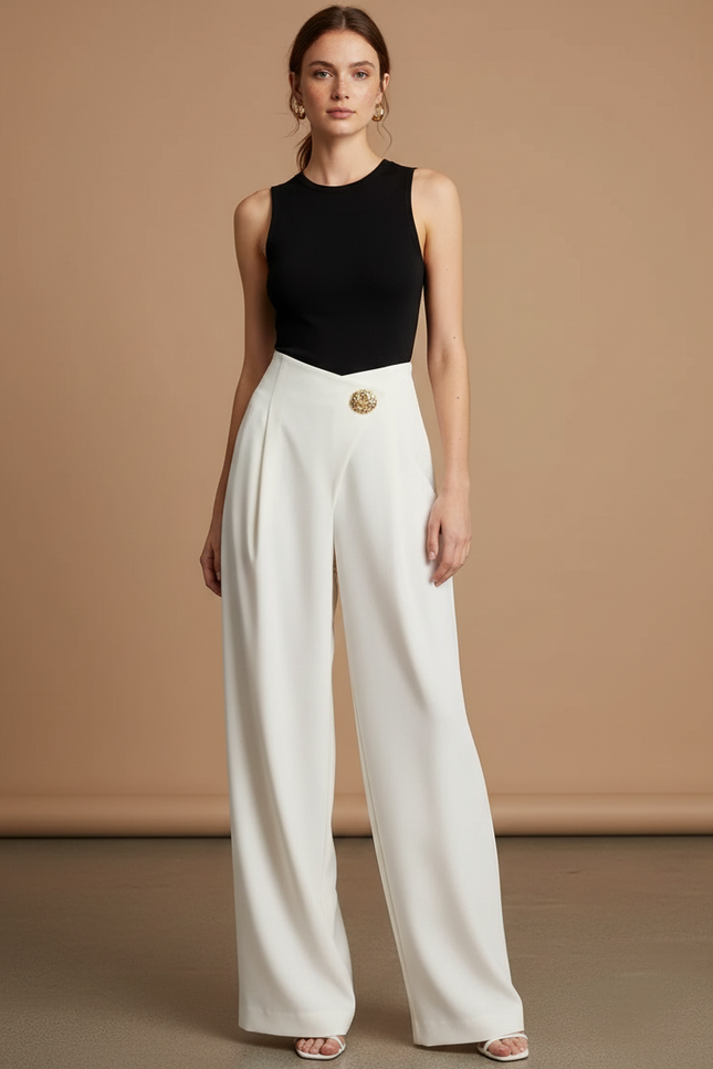 Pantalon Beige Femme Élégant Taille Haute Ample - Blanc Polyester