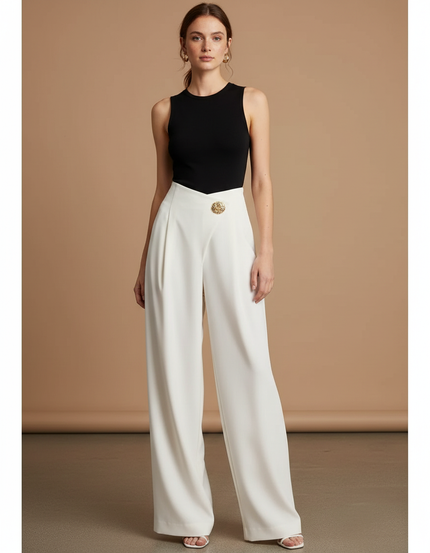 Pantalon Beige Femme Élégant Taille Haute Ample - Blanc Polyester
