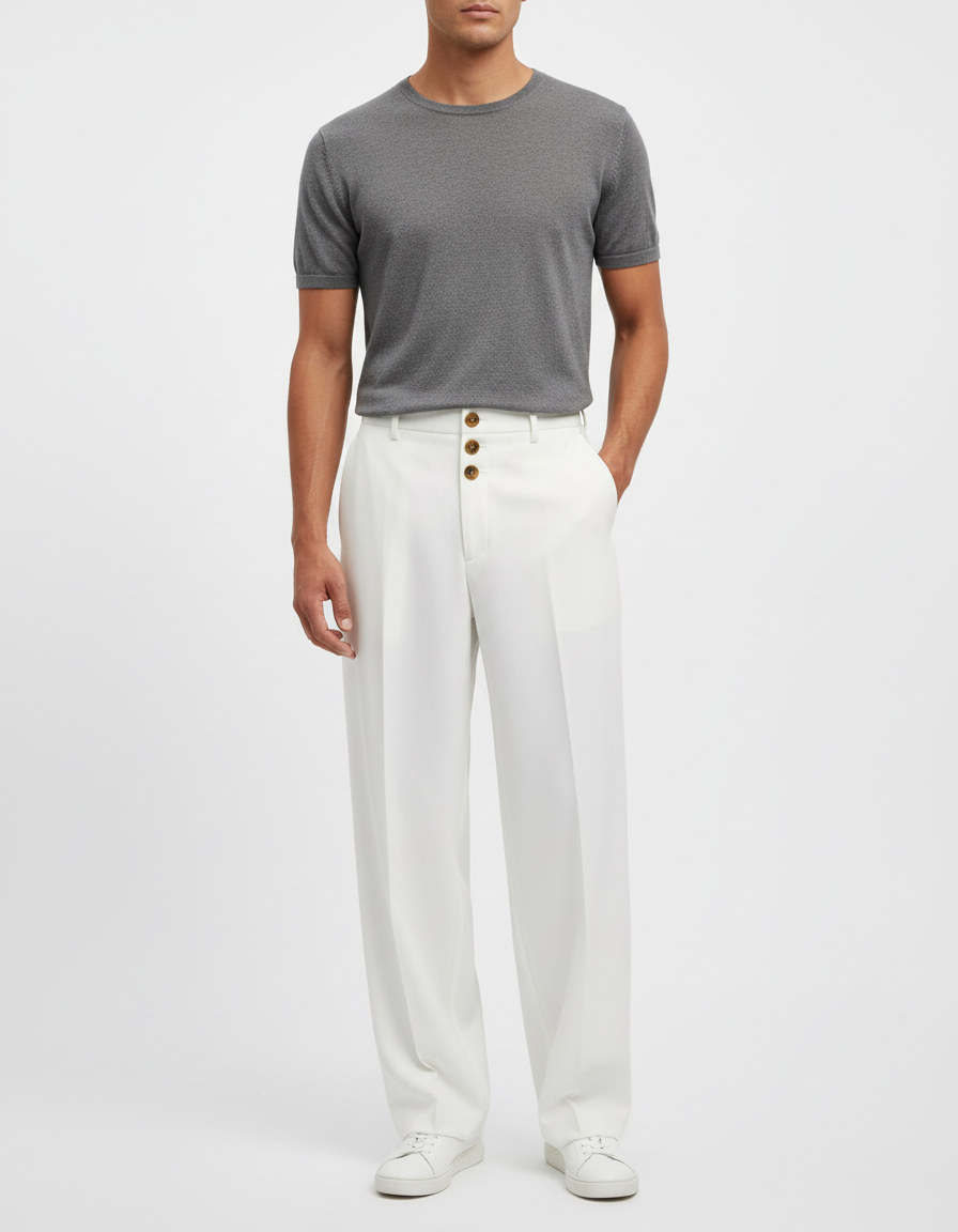 Pantalon Beige Droit Ample Décontracté Homme Élégant - Blanc Gabardine