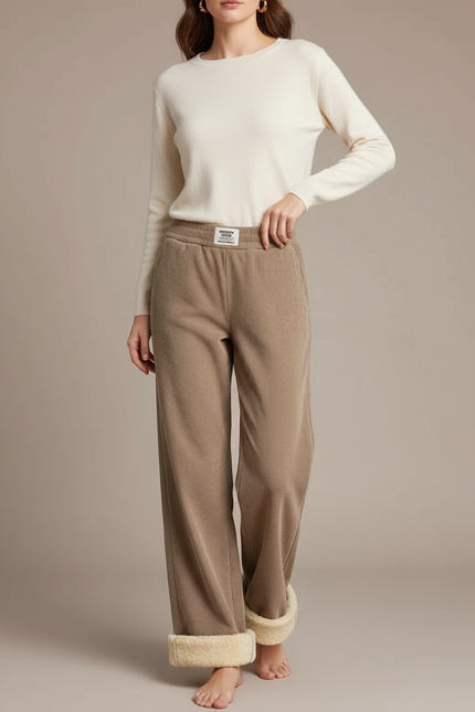 Pantalon Beige Doublé Polaire Ample Confortable Chaud - Cordé