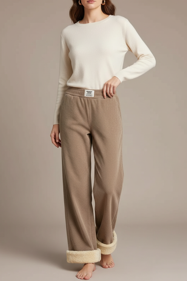 Pantalon Beige Doublé Polaire Ample Confortable Chaud - Cordé