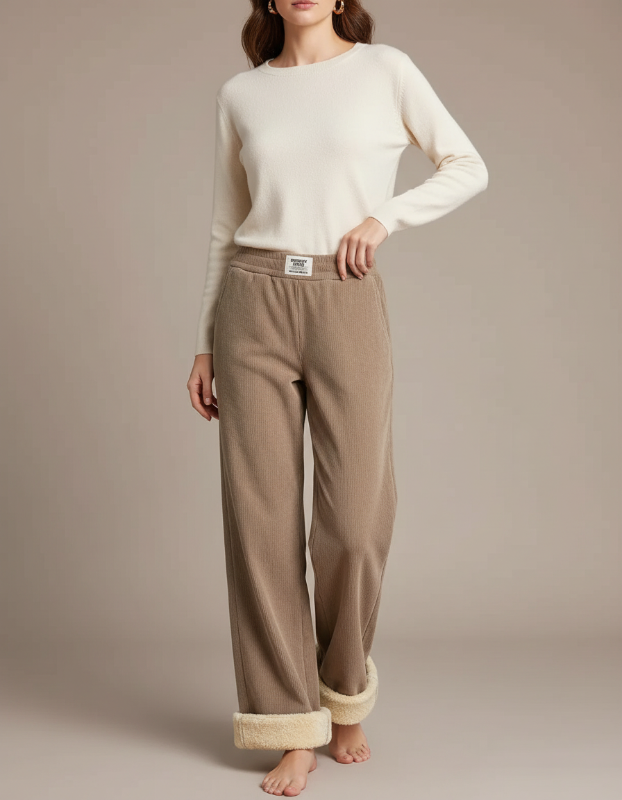 Pantalon Beige Doublé Polaire Ample Confortable Chaud - Cordé
