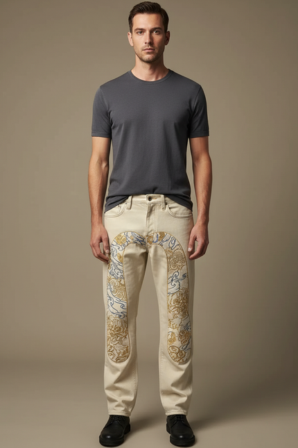 Pantalon Beige Jeans Brodé Homme Tapered Stylé