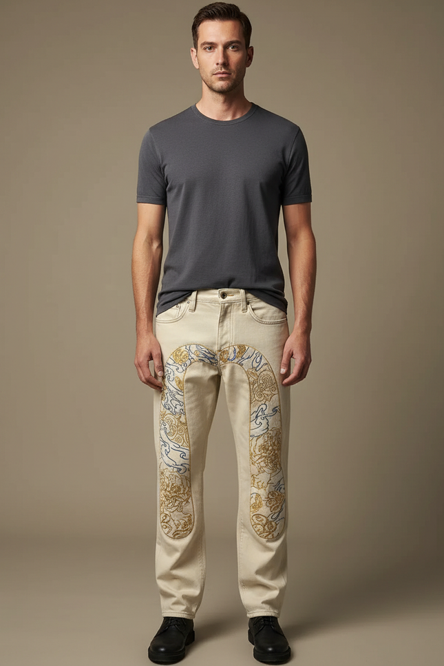 Pantalon Beige Jeans Brodé Homme Tapered Stylé