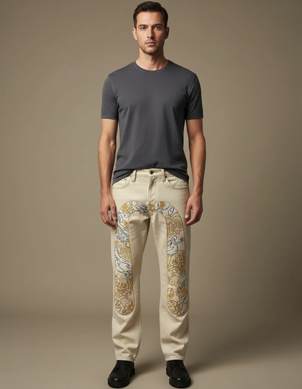 Pantalon Beige Jeans Brodé Homme Tapered Stylé