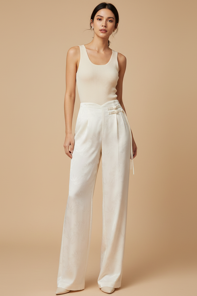 Pantalon Beige Satiné Jacquard Ample Élégant