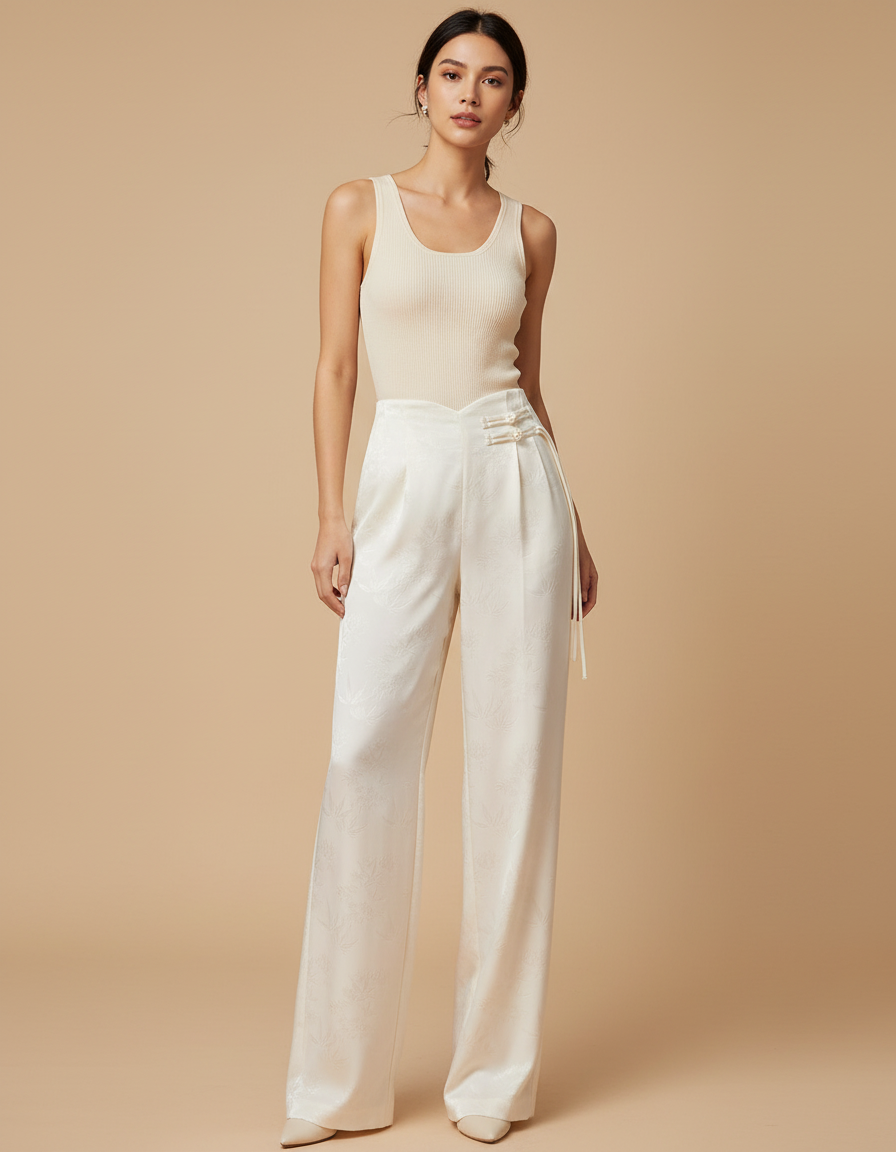 Pantalon Beige Satiné Jacquard Ample Élégant