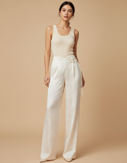 Pantalon Beige Satiné Jacquard Ample Élégant