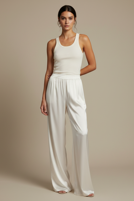 Pantalon Beige Satiné Ample Fluide Élégant Femme - Blanc