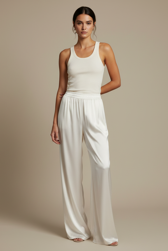 Pantalon Beige Satiné Ample Fluide Élégant Femme - Blanc
