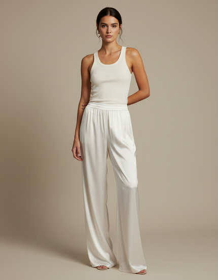 Pantalon Beige Satiné Ample Fluide Élégant Femme - Blanc