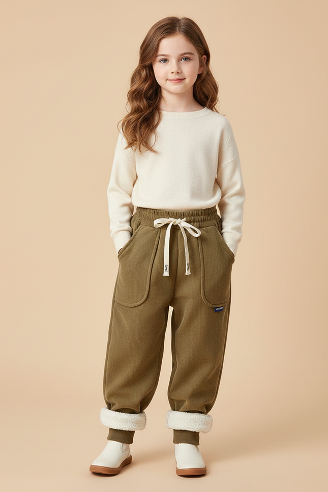 Pantalon Beige Côtelé Doublé Chaud Enfant Fille - Kaki Cordé