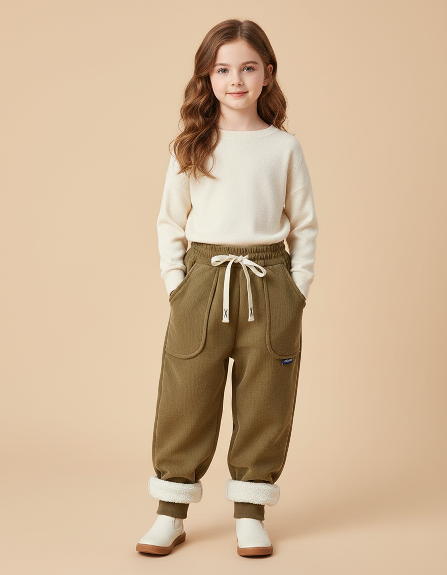 Pantalon Beige Côtelé Doublé Chaud Enfant Fille - Kaki Cordé