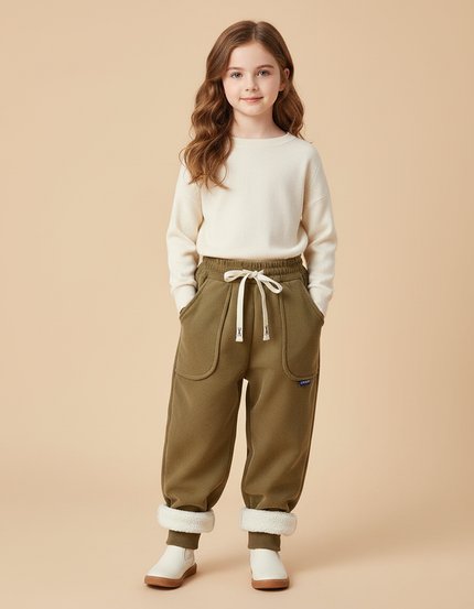 Pantalon Beige Côtelé Doublé Chaud Enfant Fille - Kaki Cordé