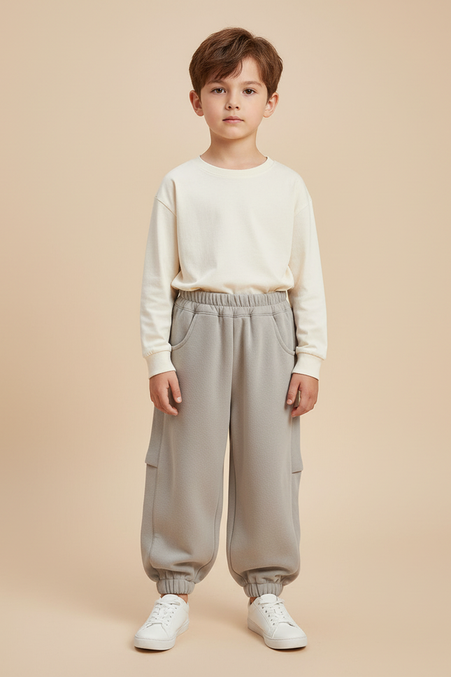 Pantalon Beige Molletonné Ample Garçon Élastique Confortable - Gris