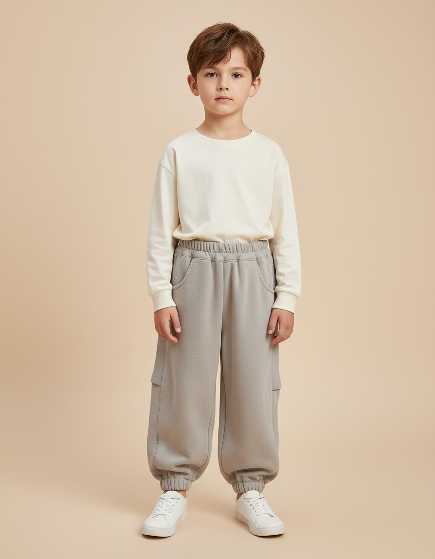 Pantalon Beige Molletonné Ample Garçon Élastique Confortable - Gris