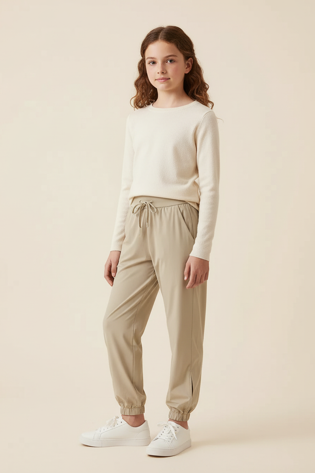 Pantalon Beige Fluide Cordon Chevilles Élastiques Décontracté - Polyester