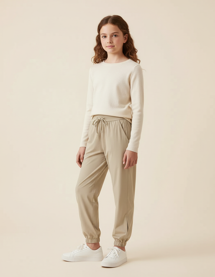 Pantalon Beige Fluide Cordon Chevilles Élastiques Décontracté - Polyester