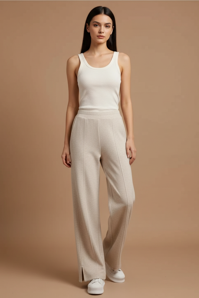 Pantalon Beige Ample Décontracté Fluide Femme - Molleton