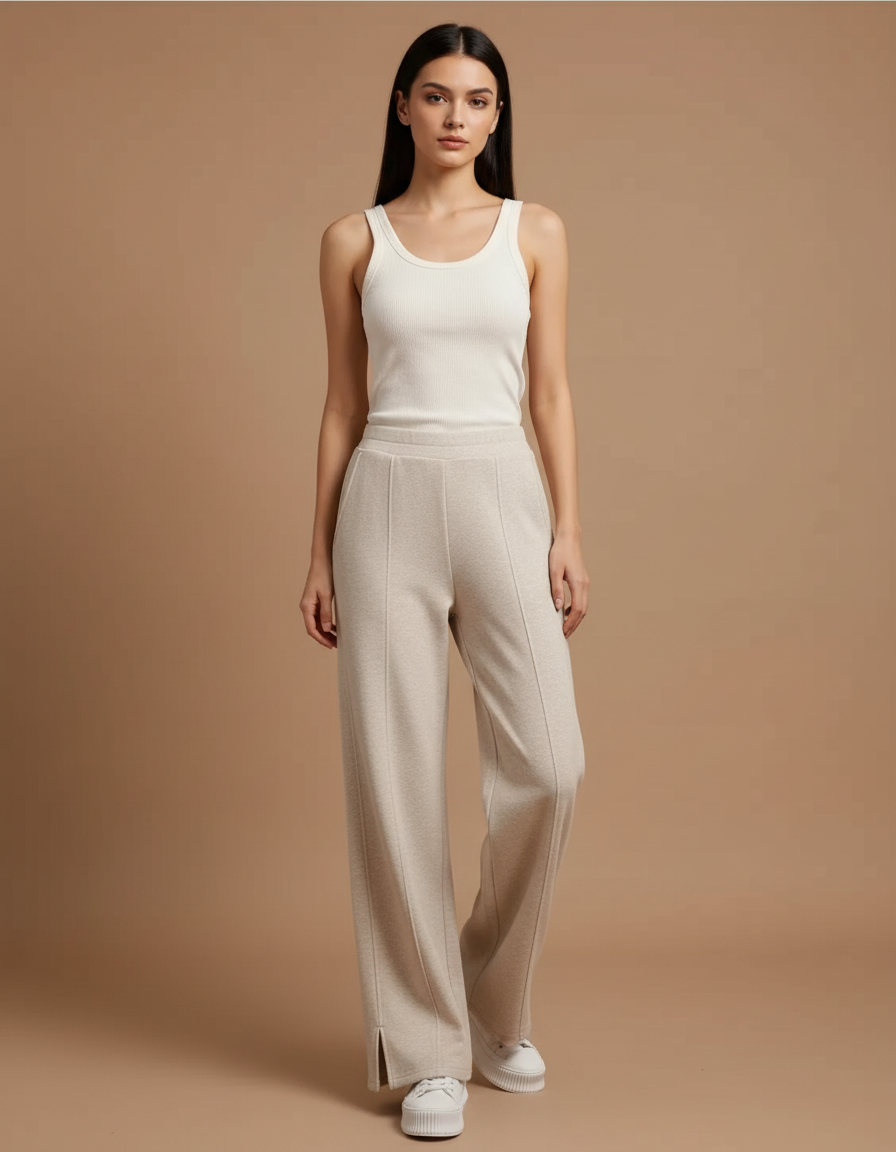 Pantalon Beige Ample Décontracté Fluide Femme - Molleton