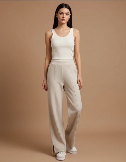Pantalon Beige Ample Décontracté Fluide Femme - Molleton